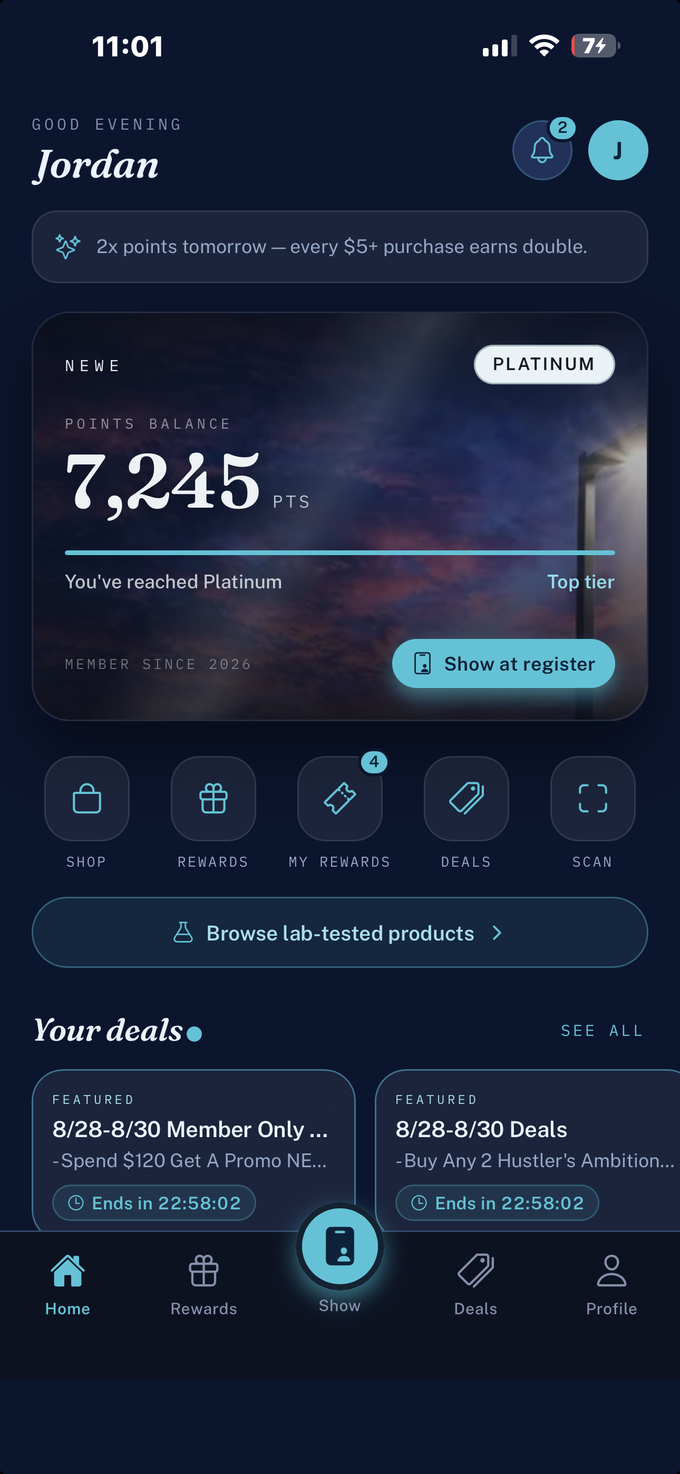 The Newe Cannabis member app running inside the letter O: points, tier, tonight's deals.