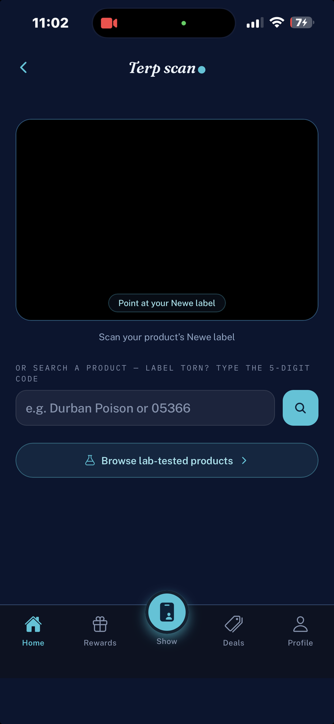 Terp Scan: point the camera at the printed label, or type the batch code.
