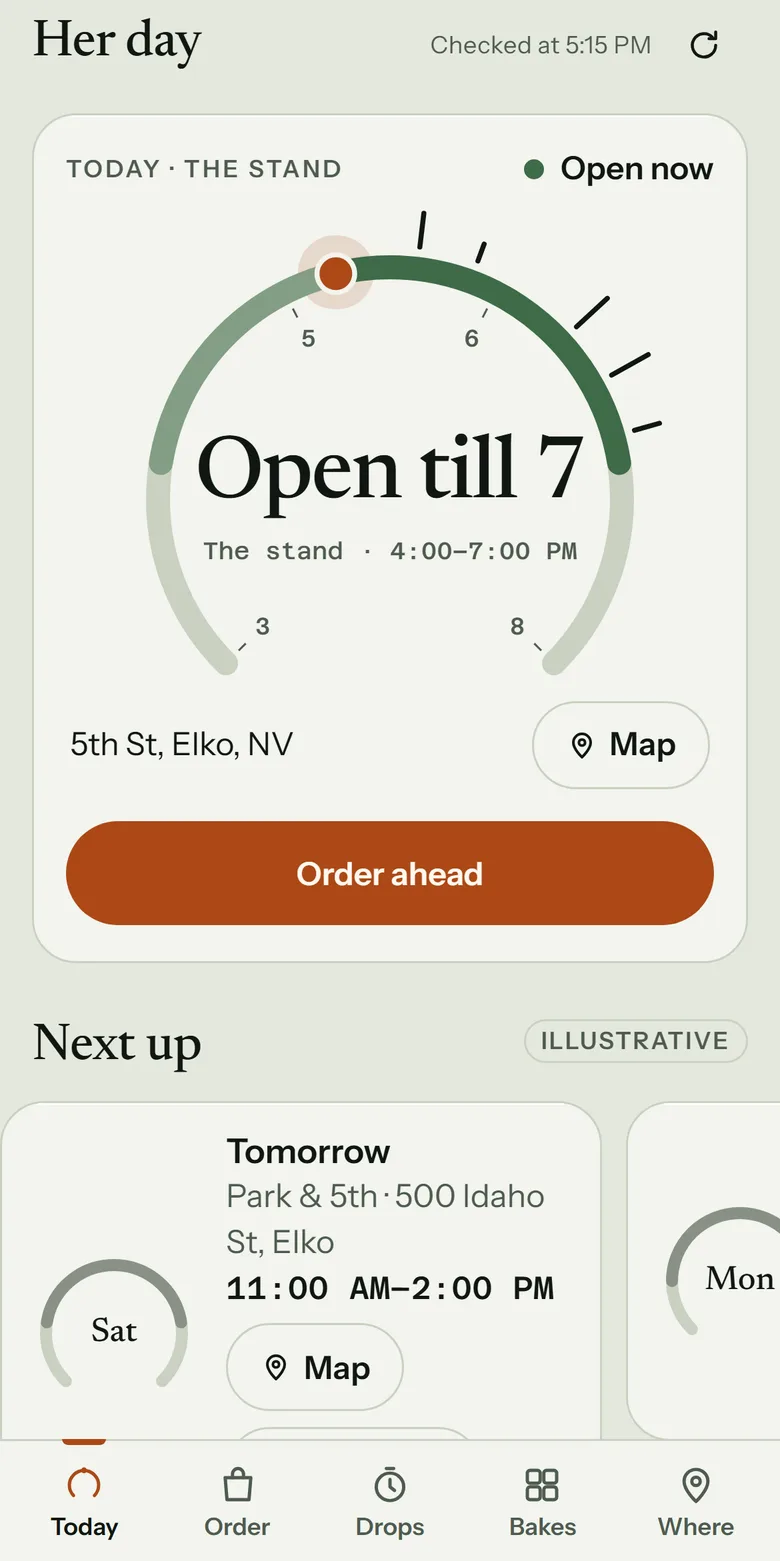 The Native Concessions app, today: open now at the stand on 5th St until 7 PM, with Order ahead.