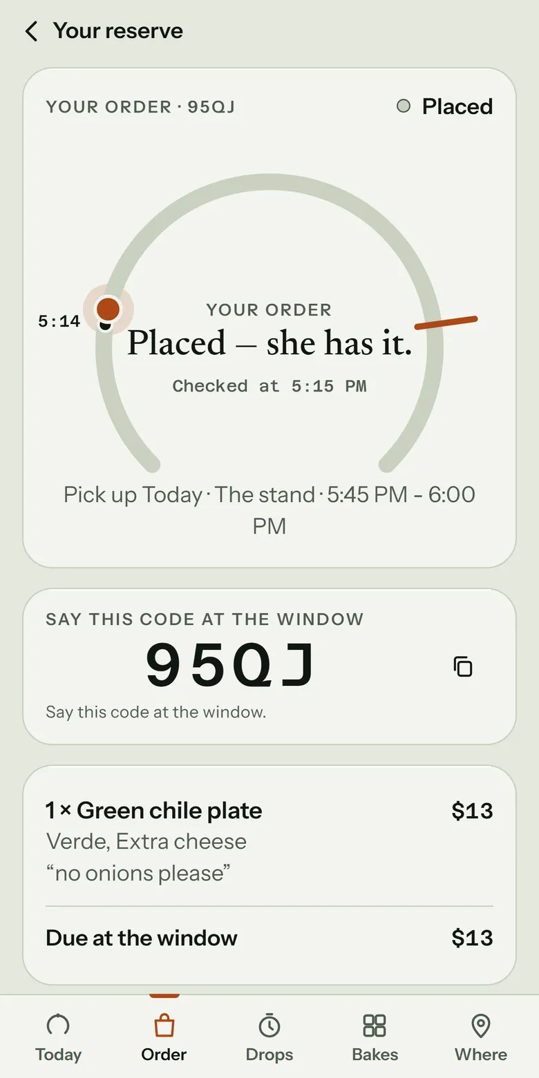 The Native Concessions app, the order: placed, pick up today at the stand 5:45 to 6 PM, say this code at the window, 95QJ, one green chile plate, $13 due at the window.