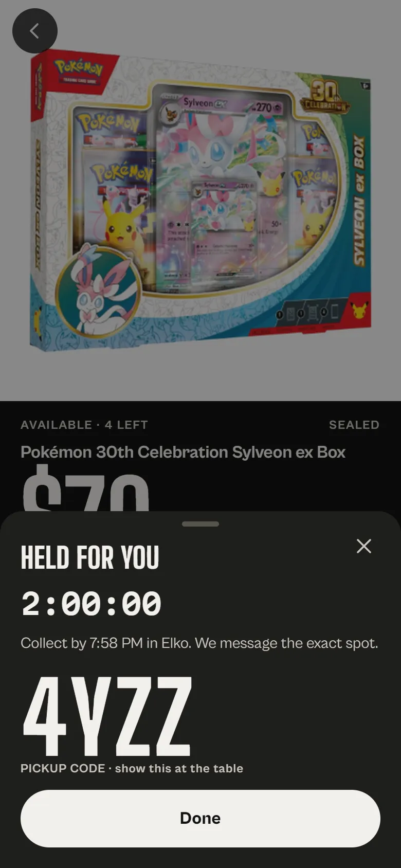 Ghost Pulls, after the tap: held for you, pickup code 4YZZ.