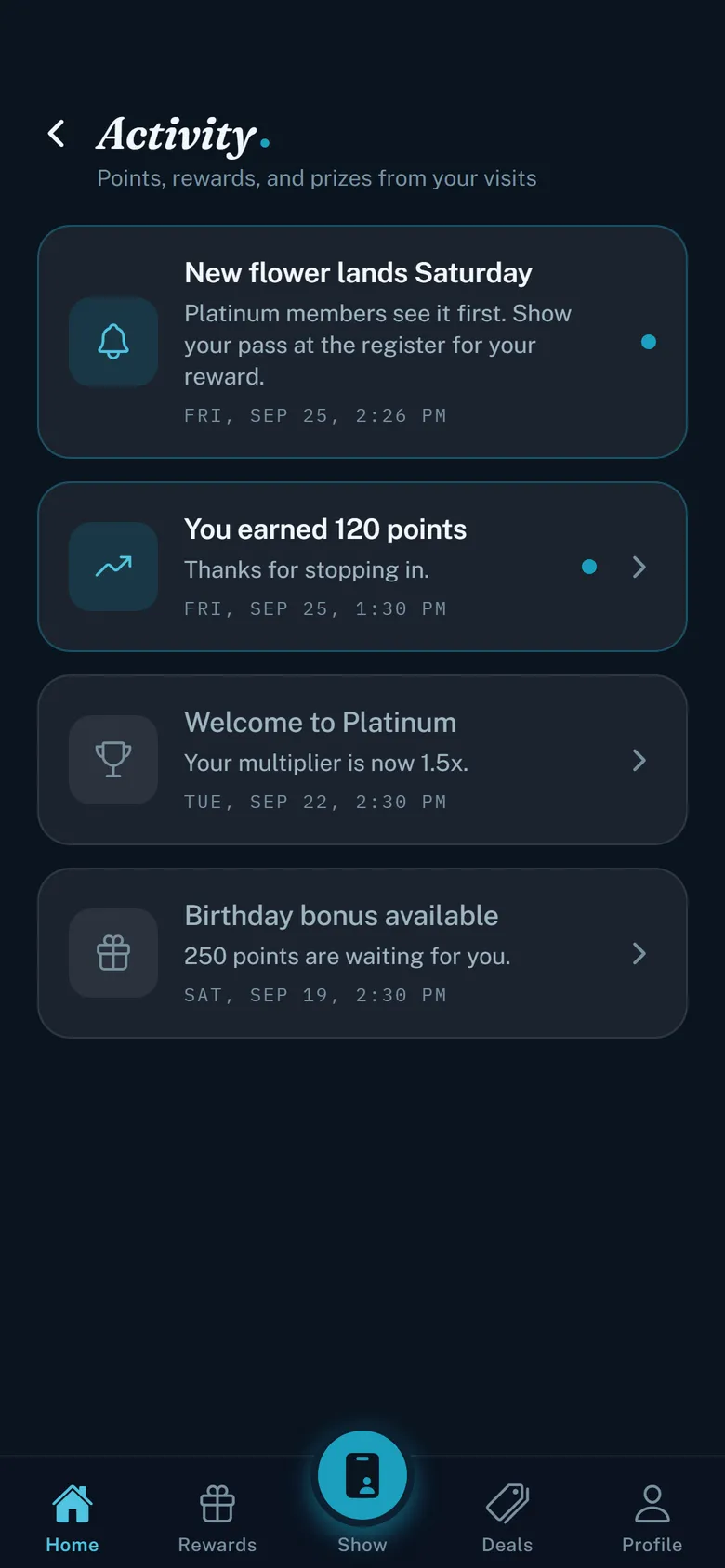 The member's Activity inbox on the Newe app: New flower lands Saturday, Platinum members see it first.