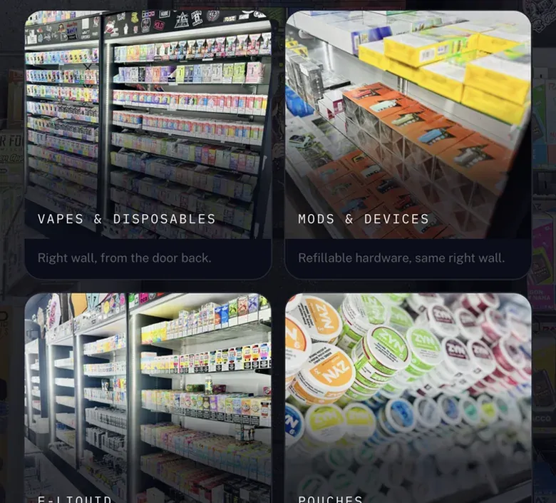 A vape shop's app: vapes, mods, e-liquid and pouches by section.
