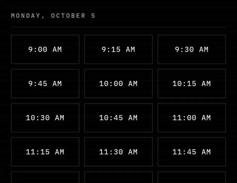 Our booking page: Monday, October 5, and the open 15-minute times, 9:00 AM onward.