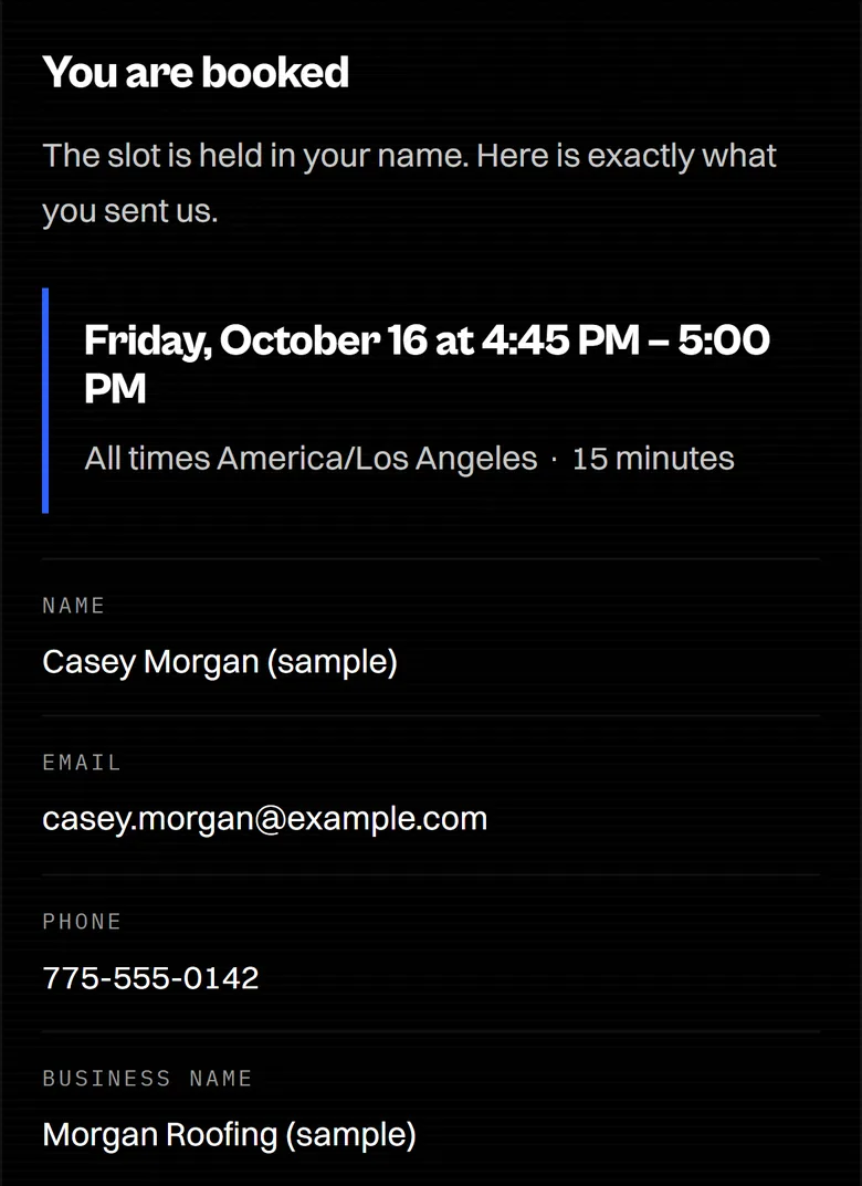 The booker's screen after sending: You are booked, Friday, October 16 at 4:45 PM to 5:00 PM, with their own answers below.