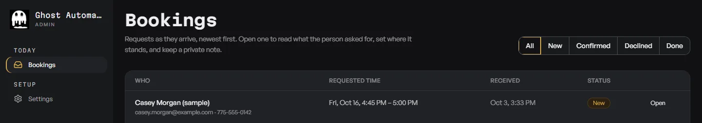 The same Bookings inbox on a desk: Casey Morgan (sample), Friday October 16, 4:45 PM, New.