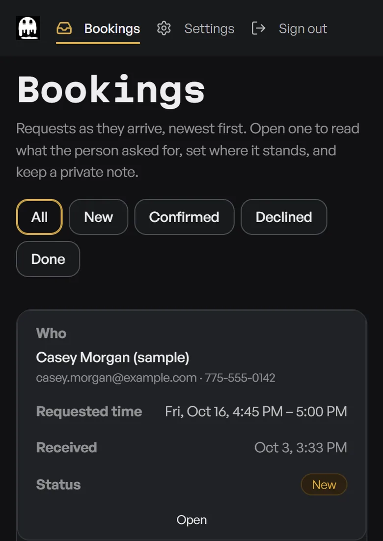 Our Bookings inbox on a phone: Casey Morgan (sample), Friday October 16, 4:45 PM, marked New.