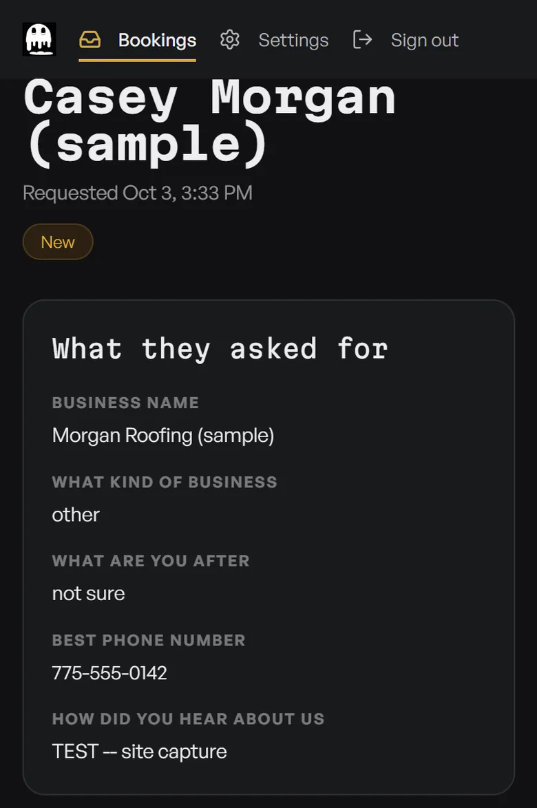 The request opened: Casey Morgan (sample), received Oct 3, marked New, and what they asked for: Morgan Roofing (sample), other, not sure, 775-555-0142, TEST -- site capture.