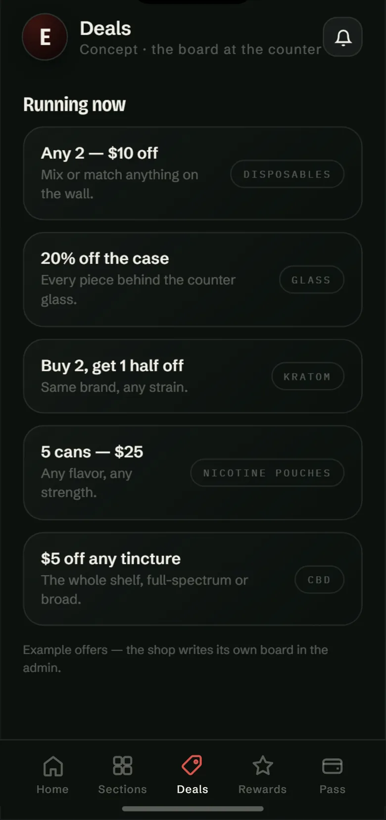 Concept: the deals running now: any 2 for $10 off, 20% off the case, buy 2 get 1 half off, 5 cans for $25, $5 off any tincture.