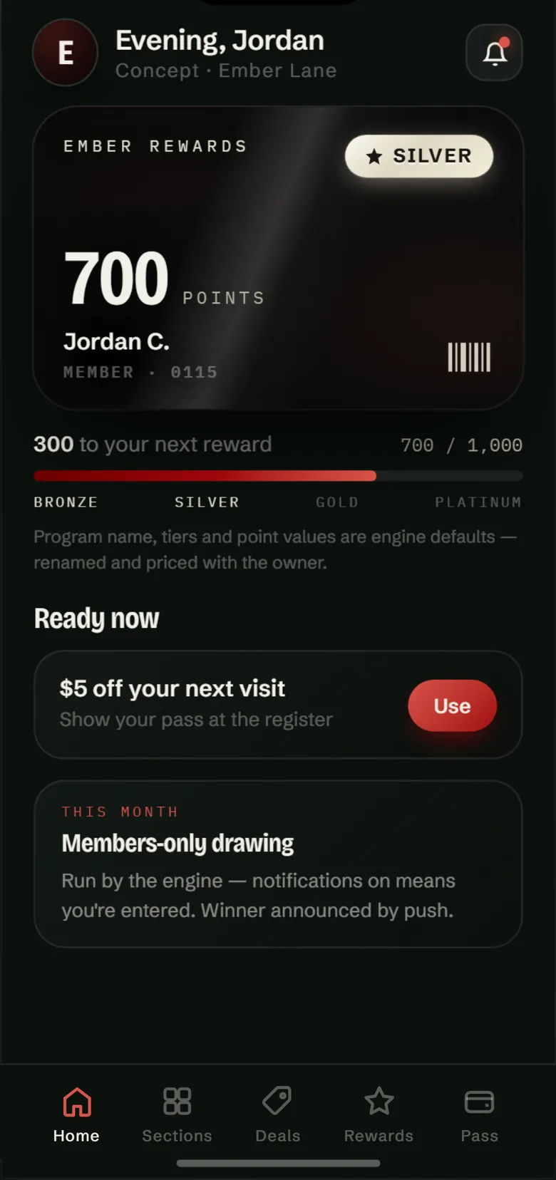 Concept: the Ember Lane app's home screen for the sample member Jordan C., Silver, 700 points, 300 to the next reward, and $5 off ready to use.