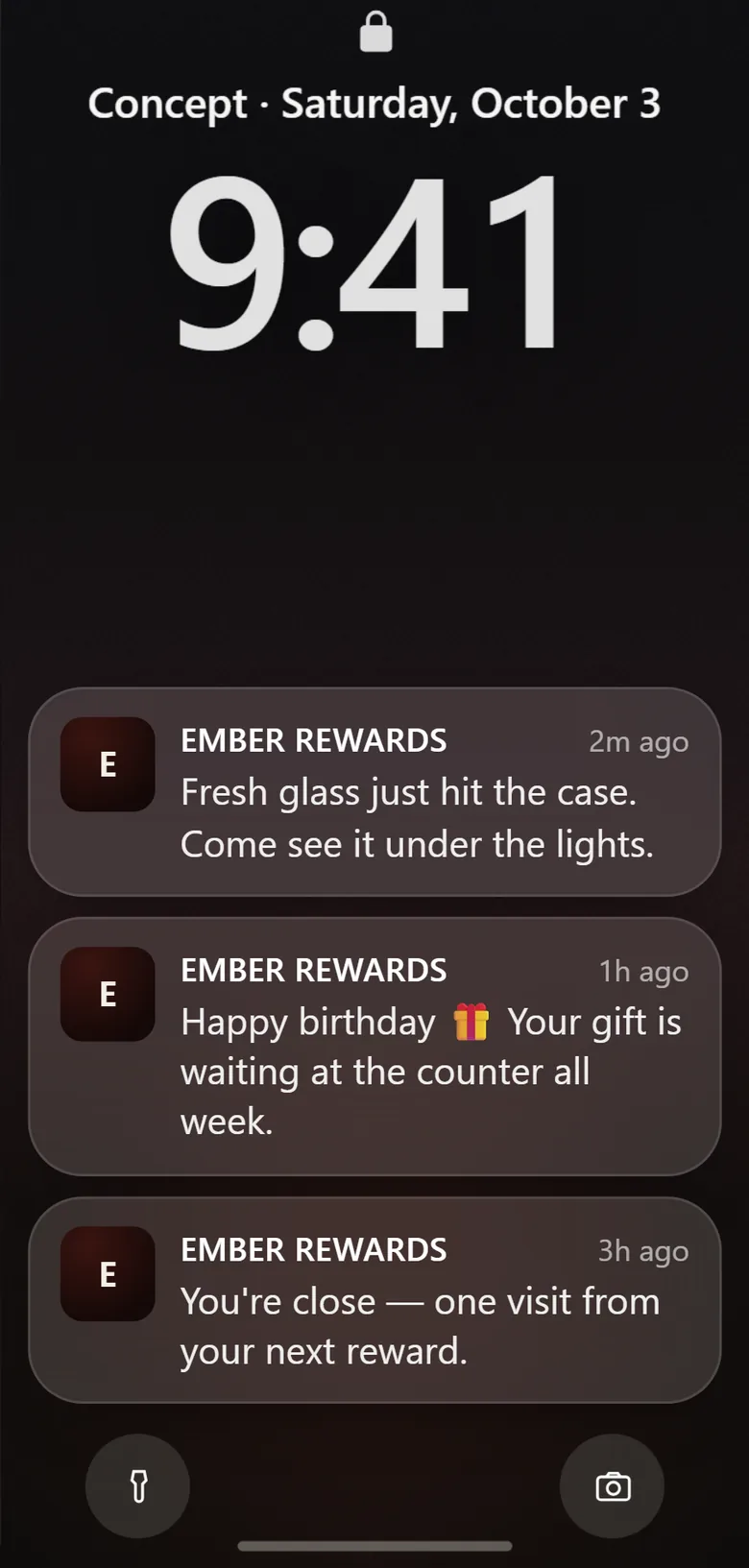 Concept: three Ember Rewards pushes on a lock screen: fresh glass just hit the case, a birthday gift at the counter, one visit from the next reward.