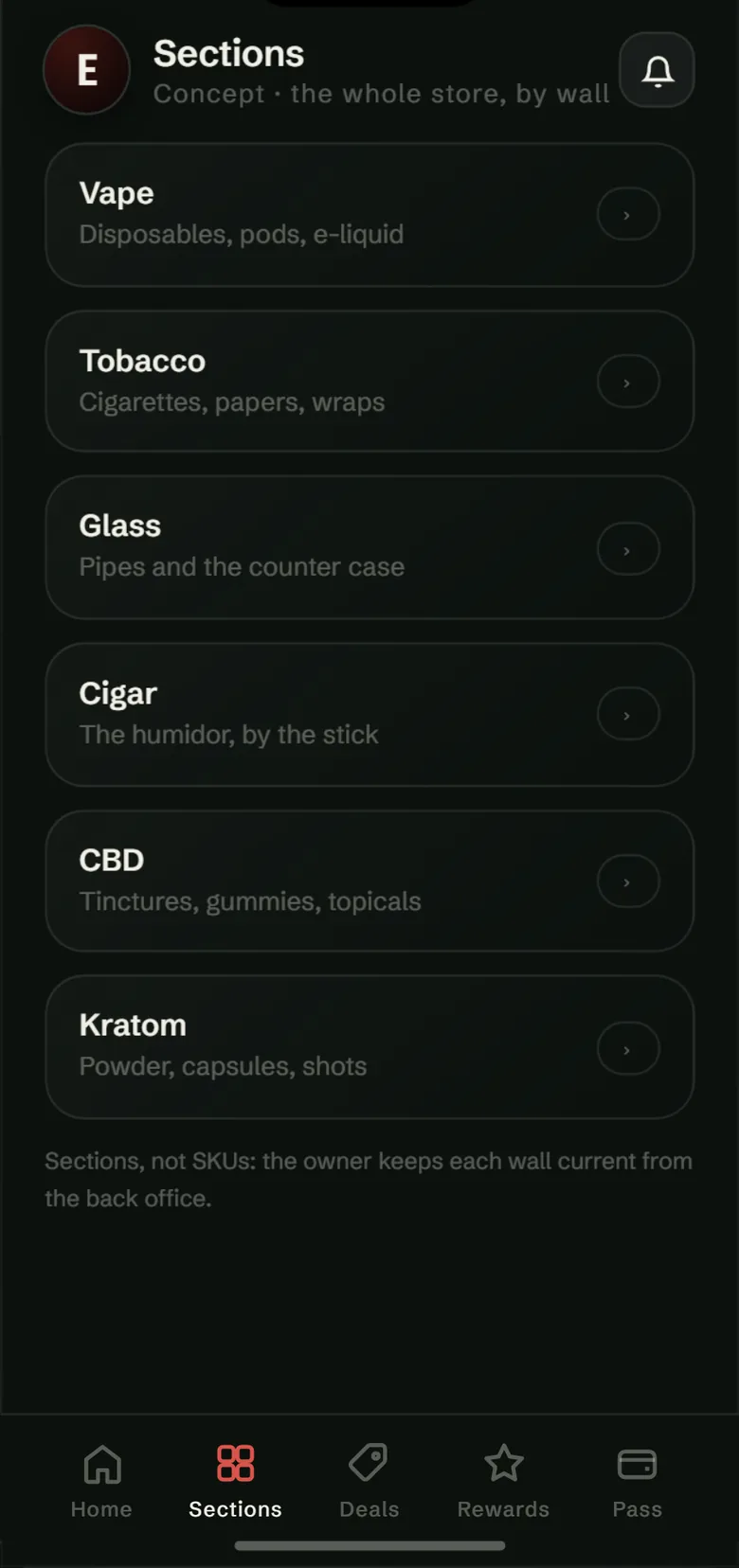 Concept: the store by its walls: vape, tobacco, glass, cigar, CBD and kratom.