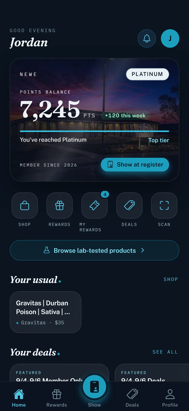 The customer's side: the Newe Cannabis app's home screen for the sample member Jordan, Platinum, a points balance of 7,245, with Show at register.