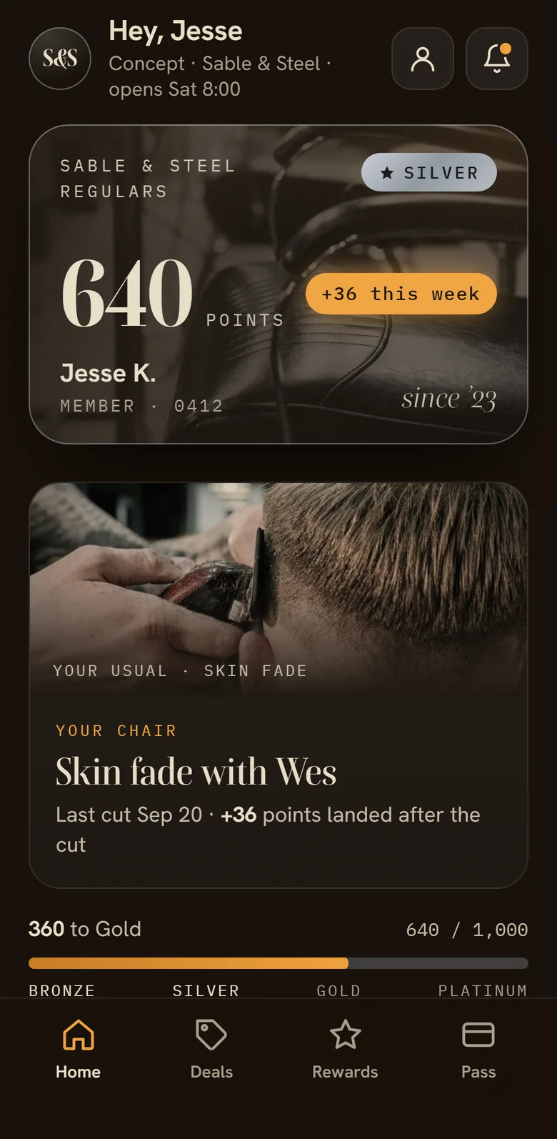 Concept: the Sable & Steel app's home screen for the sample member Jesse K.: Silver, 640 points, +36 this week, and the usual skin fade with Wes.