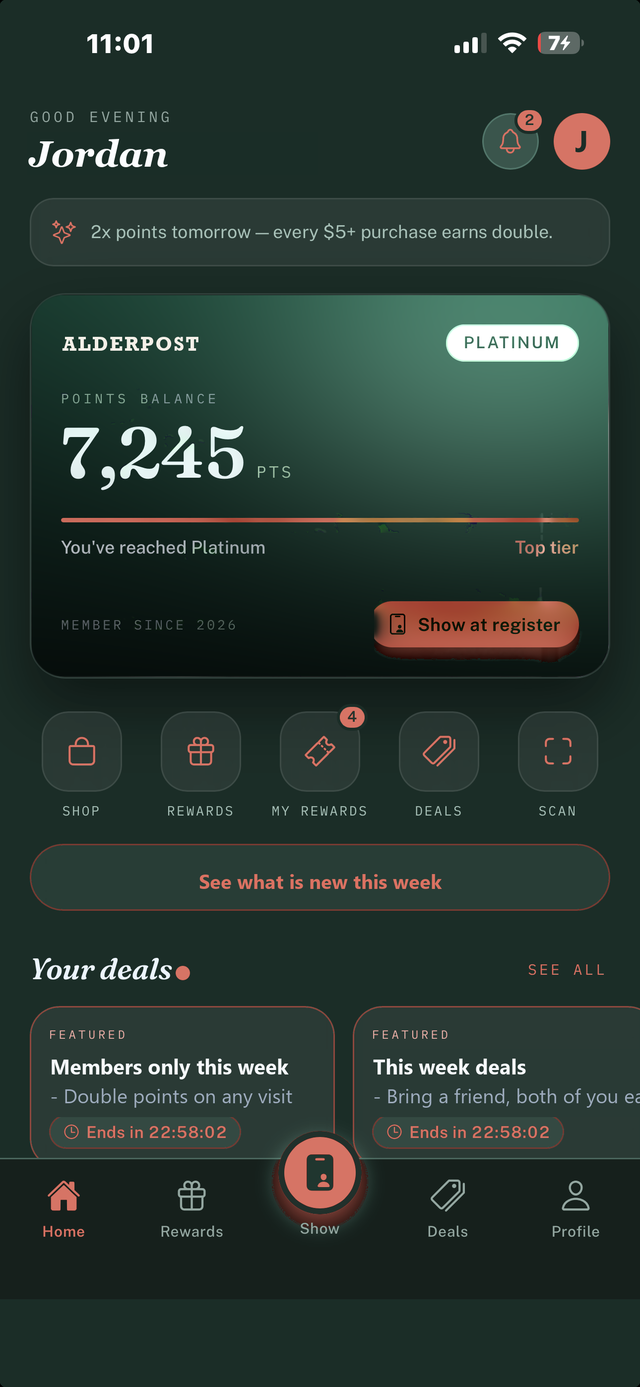 Alderpost Barbers -- the same member app home screen, carrying Alderpost's name, mark and colours: points balance, tier, and the button that shows the pass at the register.