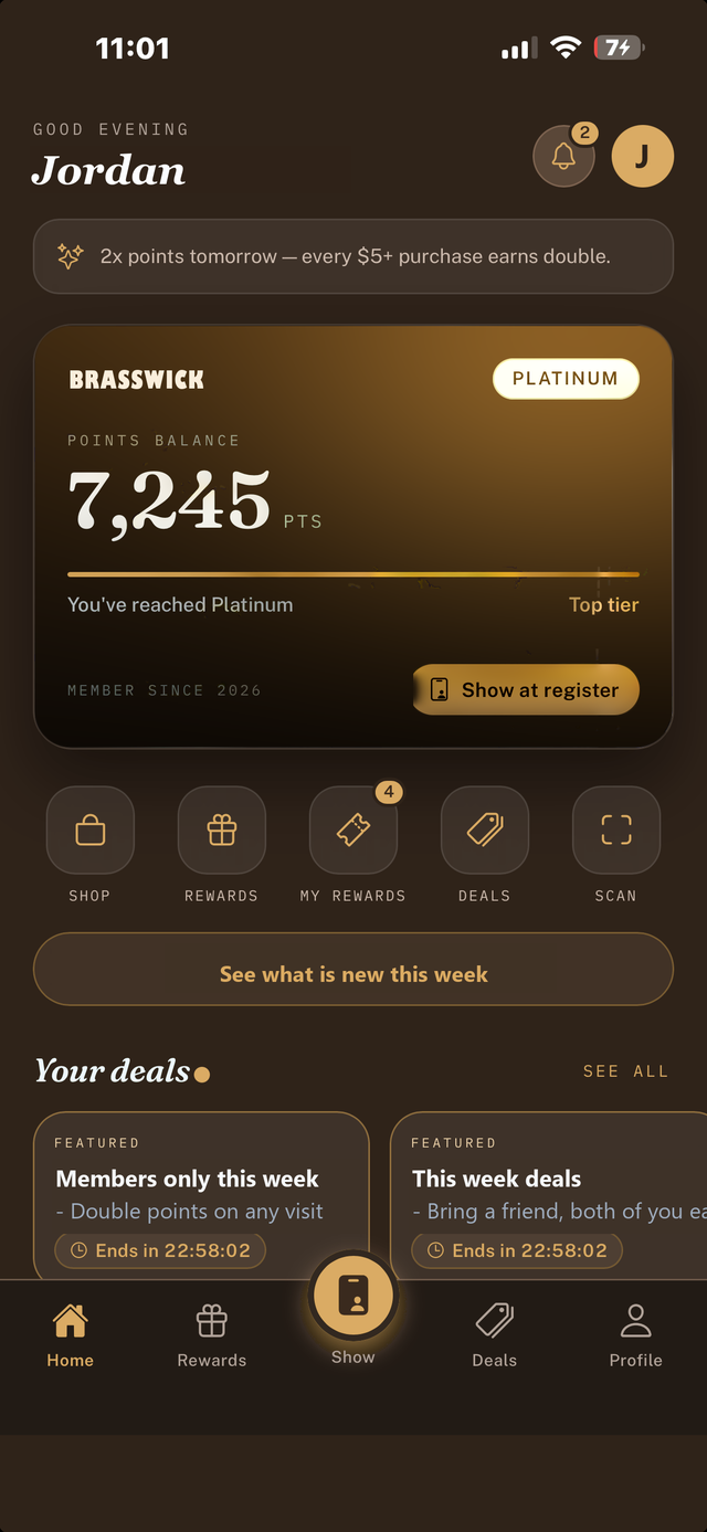Brasswick Smoke Co. -- the member app home screen, carrying Brasswick's name, mark and colours: points balance, tier, and the button that shows the pass at the register.