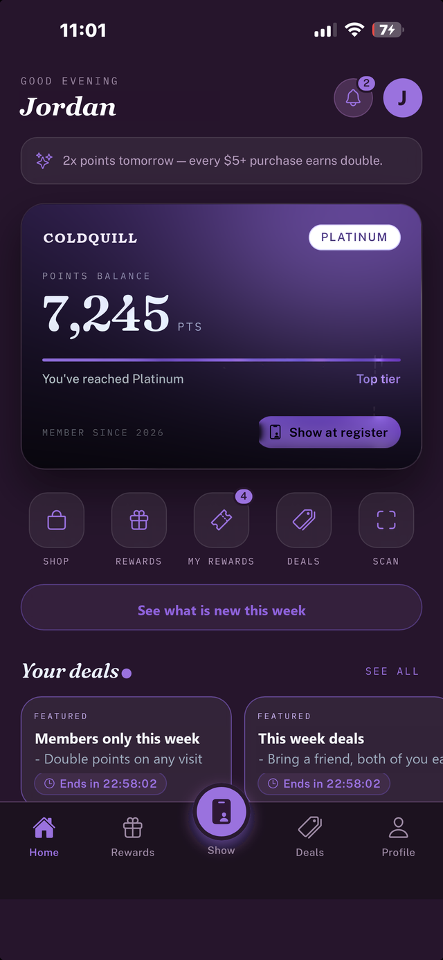 Coldquill Tattoo -- the same member app home screen, carrying Coldquill's name, mark and colours: points balance, tier, and the button that shows the pass at the register.