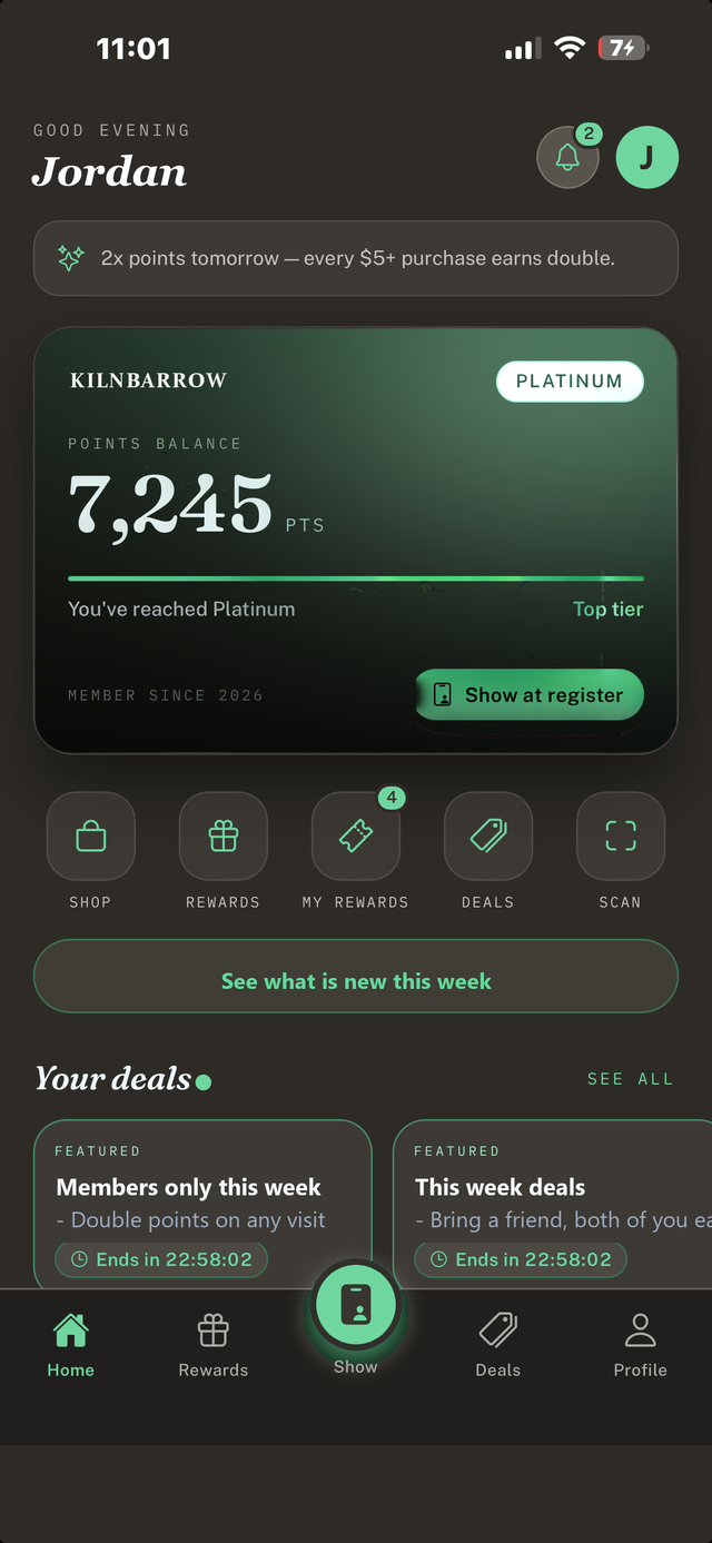 Kilnbarrow Coffee -- the same member app home screen, carrying Kilnbarrow's name, mark and colours: points balance, tier, and the button that shows the pass at the register.